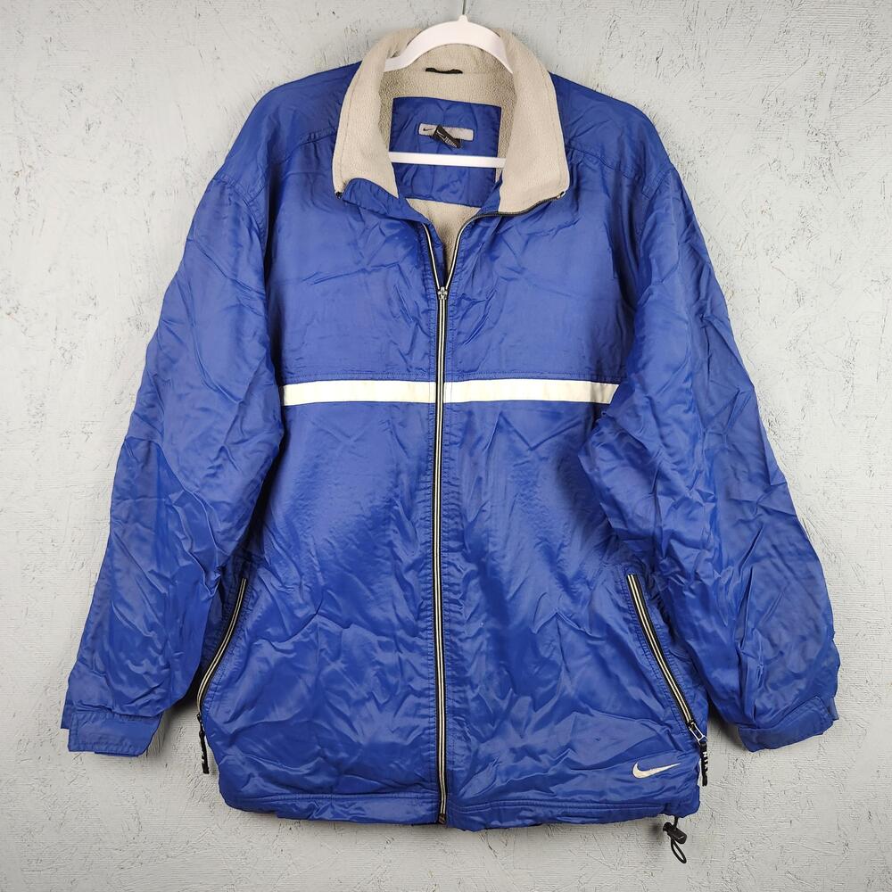 Vintage Nike Jacket Mens Large Blue Fleece Lined Full Zip Swoosh Windbreaker Y2K